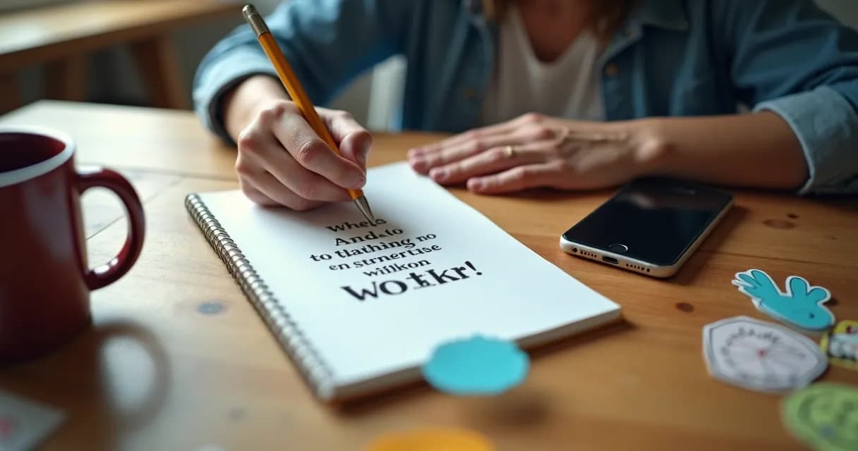 Mãos escrevendo frases inspiradoras em caderno ao lado de celular e caneca 