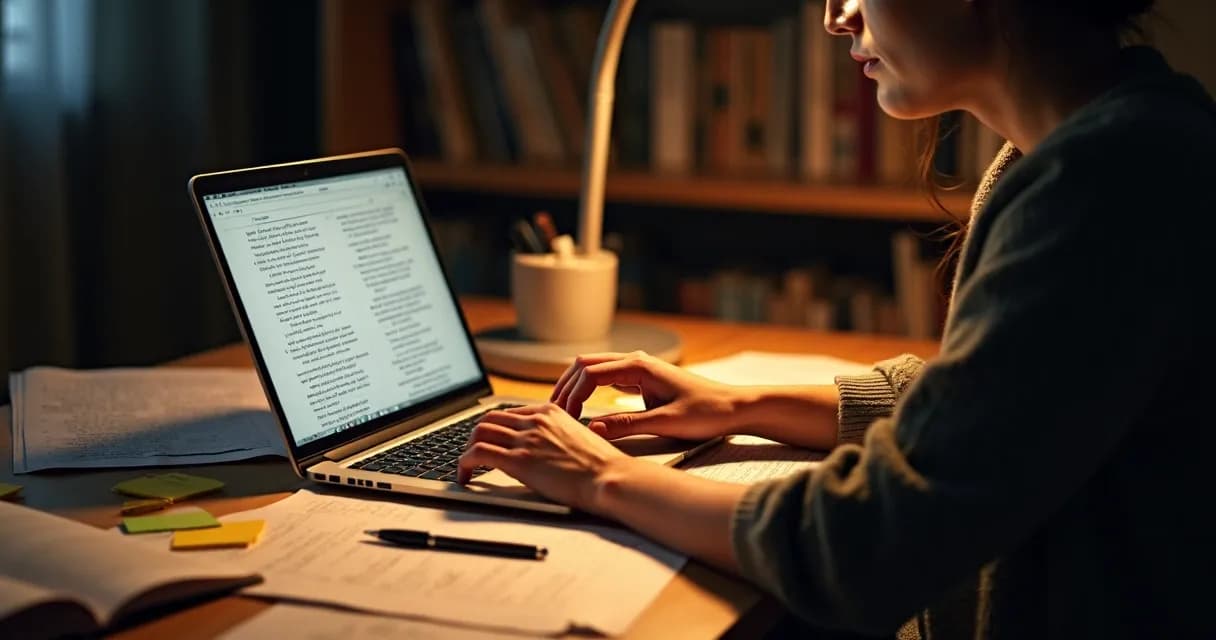 Autor escrevendo em mesa com anotações e notebook 