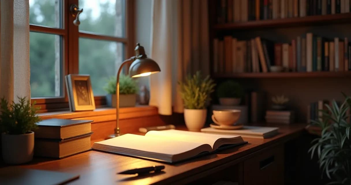 Espaço aconchegante com mesa de escritor e livros 