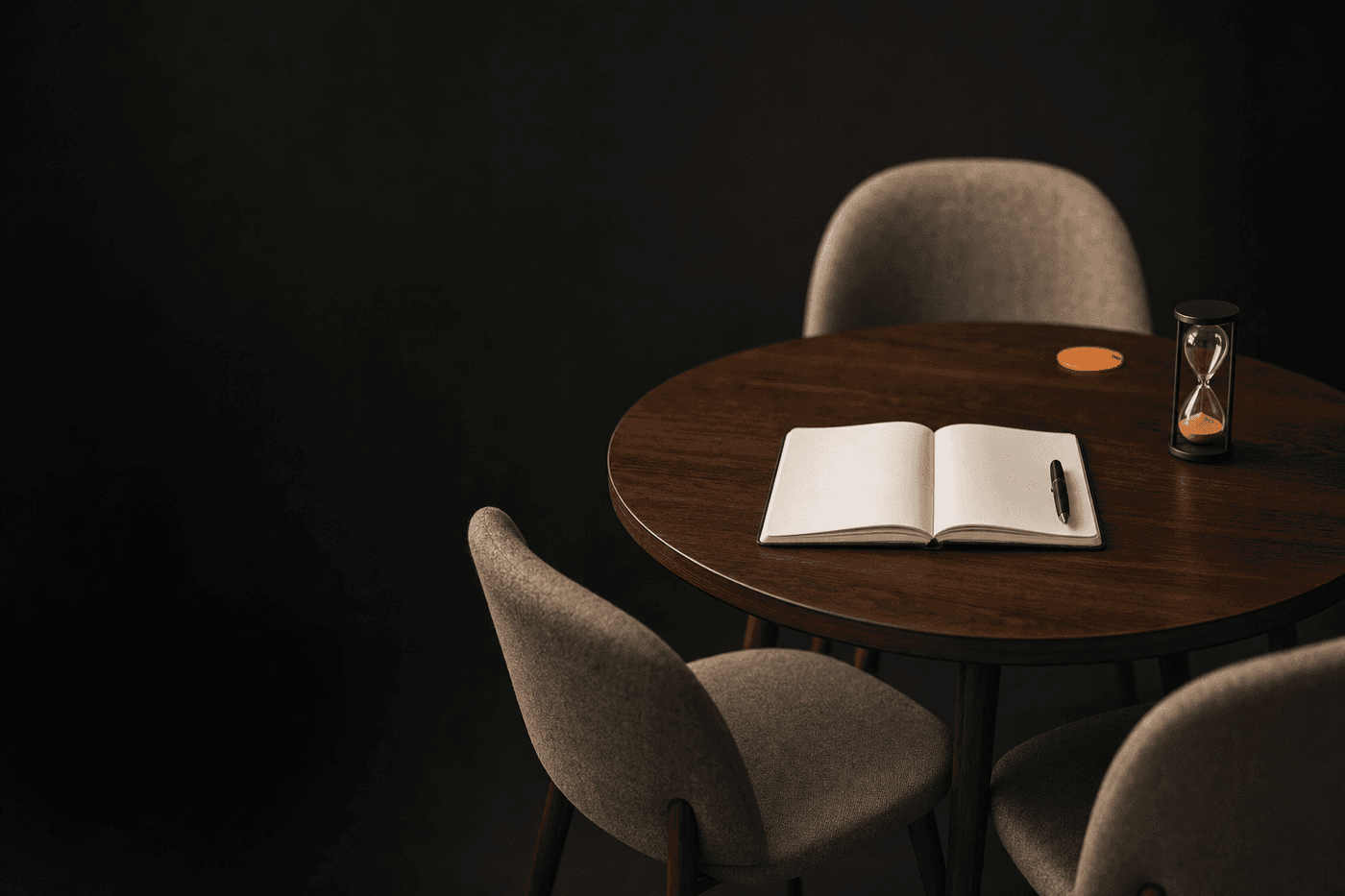 Mesa redonda pequena com três cadeiras, um caderno aberto, uma caneta e um relógio de areia preparados para uma sessão de mentoria.