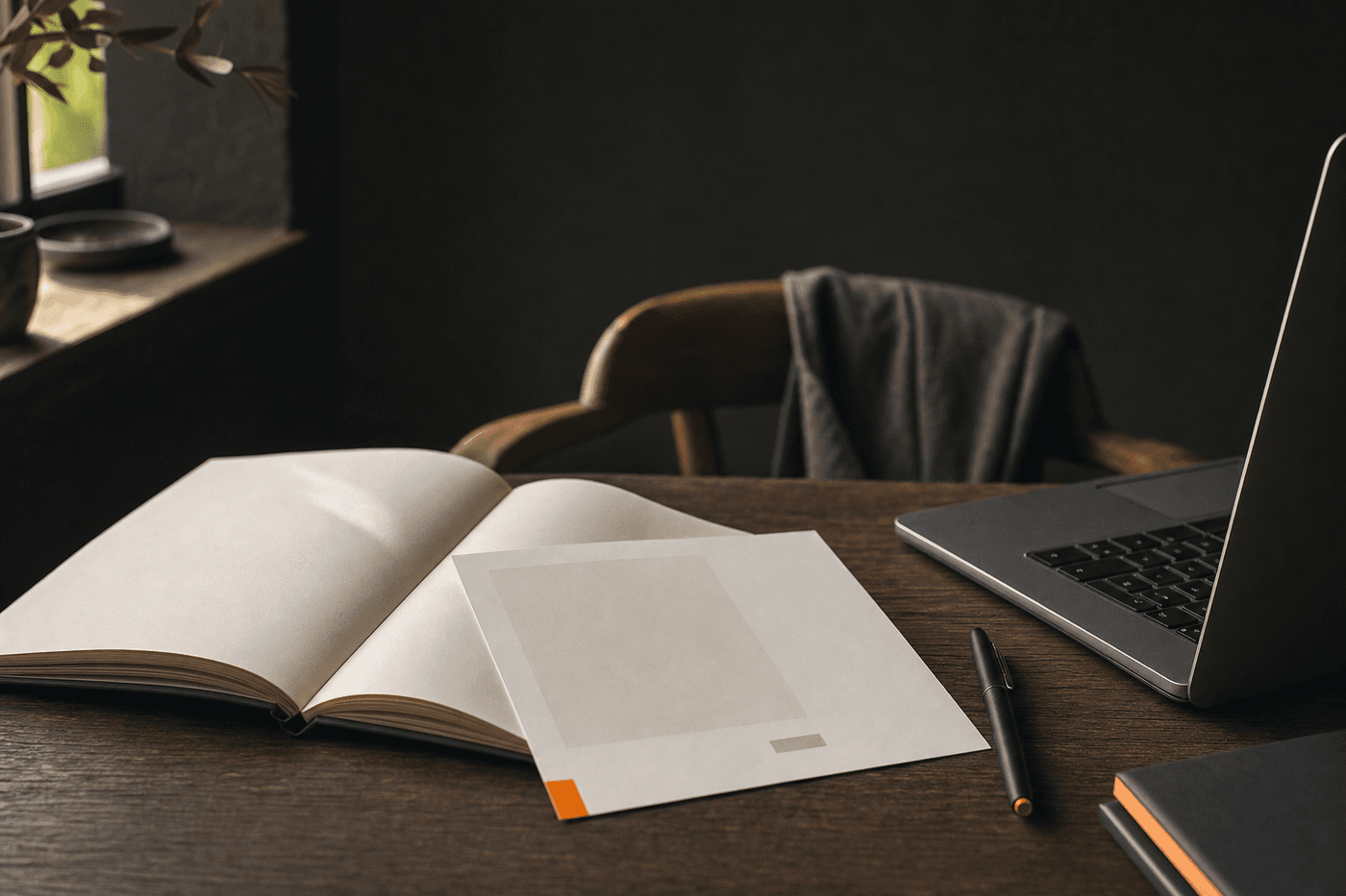 Caderno e ficha de cliente sobre uma mesa de trabalho iluminada pela luz natural.