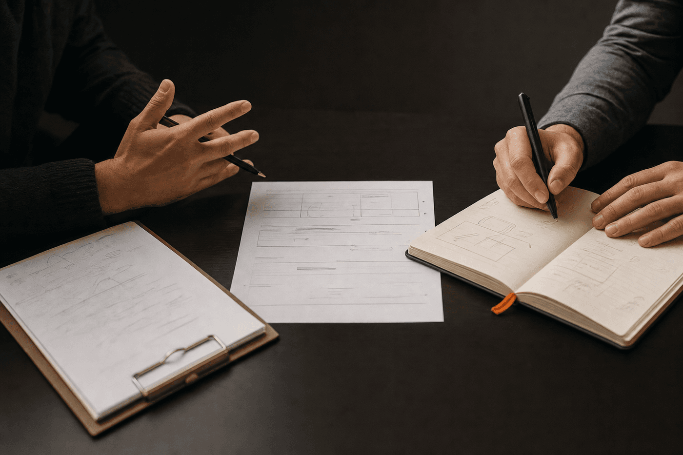 Mãos de mentor e cliente trabalhando com prancheta, atividade e caderno durante uma sessão.