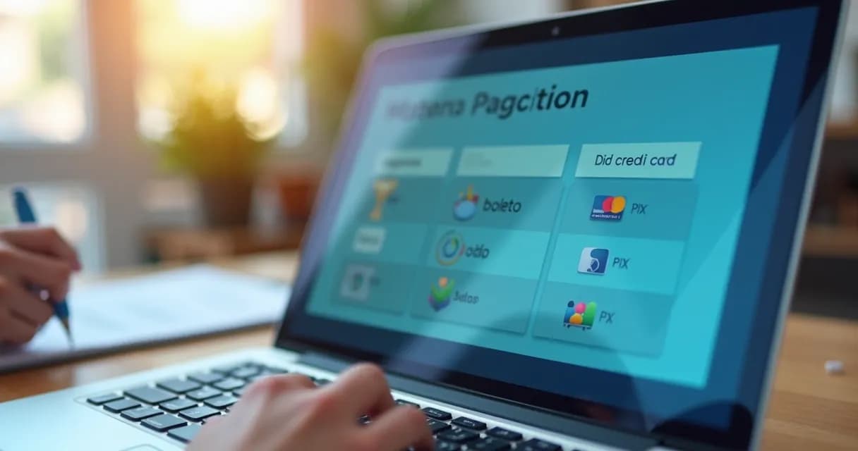 Opções de pagamento digital incluindo cartão, boleto e PIX em interface clara. 