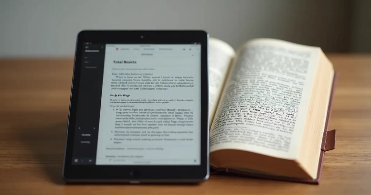 Comparação entre ebook em tablet e livro impresso sobre mesa 