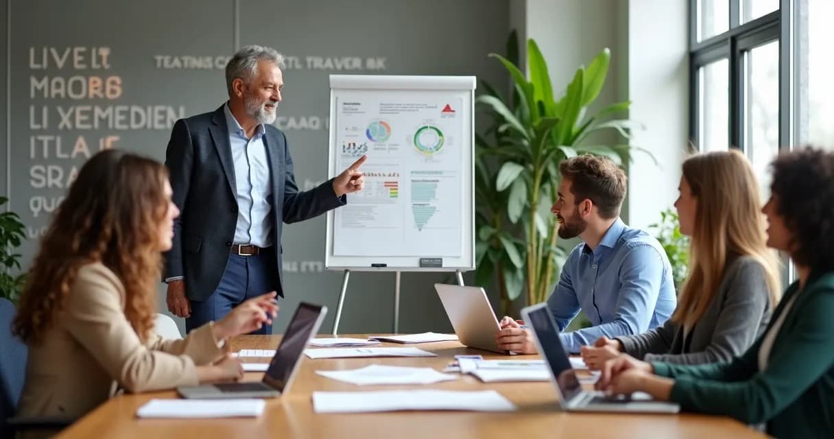 Mentor especialista reunido com equipe para planejamento 