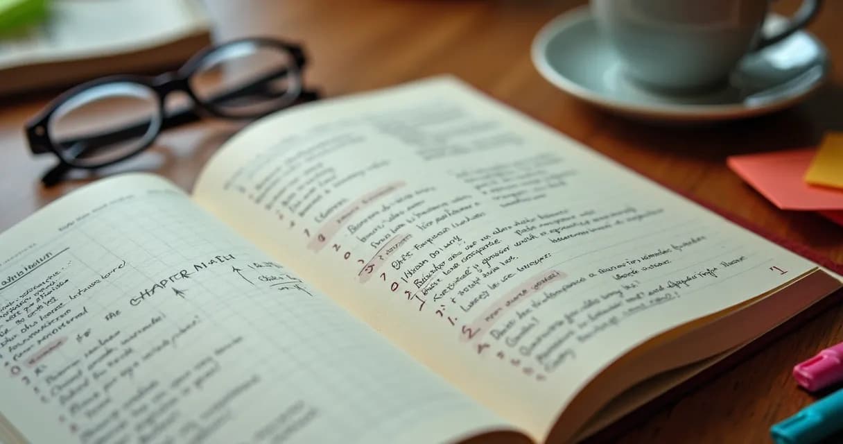 Caderno aberto com escaleta de capítulos anotada 