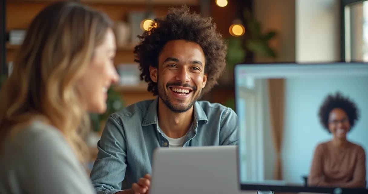 Mentorado sorrindo faz feedback em reunião virtual 