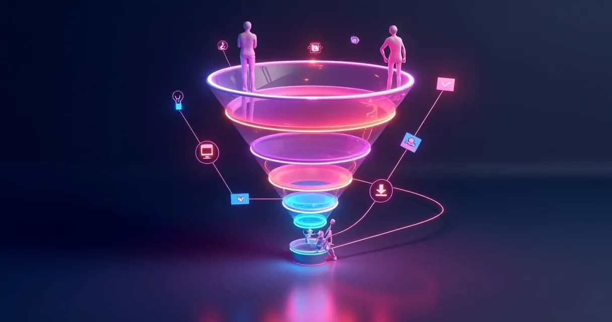 Representação visual de um funil de vendas com etapas digitalizadas 