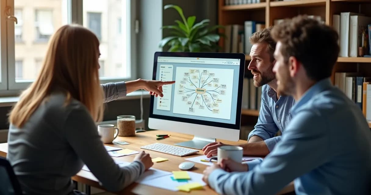 Equipe analisando estratégia digital em computador 