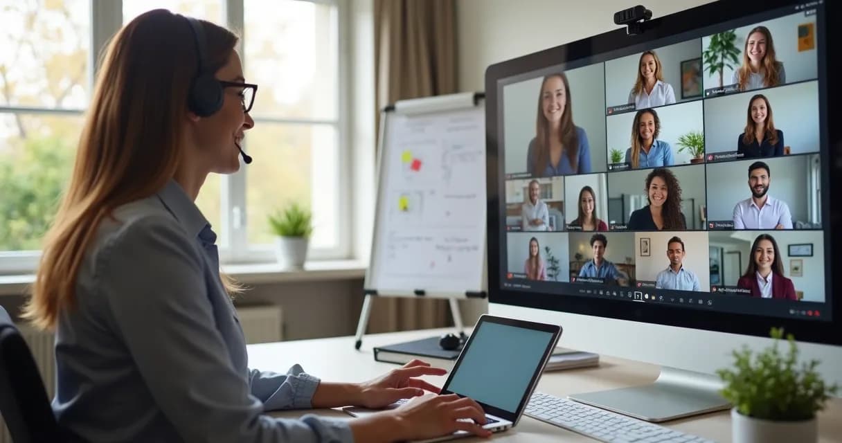 Mentor conduzindo reunião estratégica com alunos online 