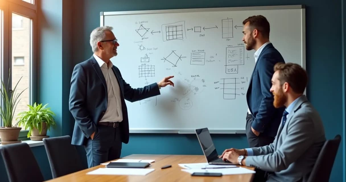 Mentor e empresário conversando em escritório organizado 