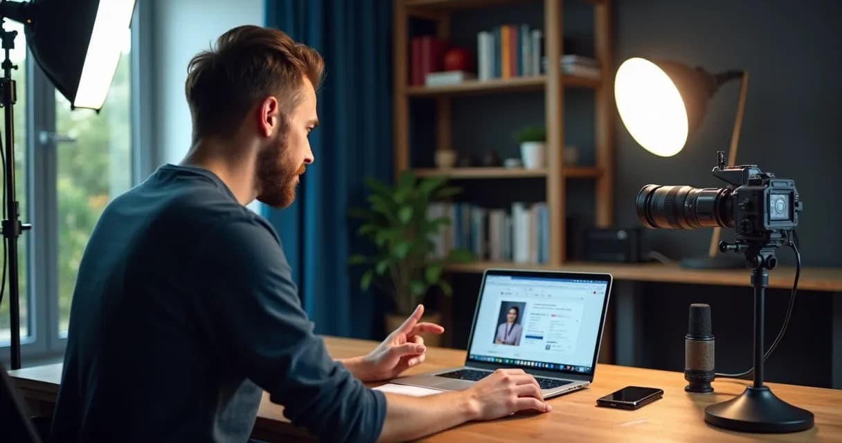 Mentor gravando conteúdo em estúdio com câmera e luzes 