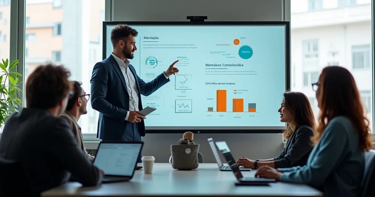 Mentor orientando equipe em ambiente digital 