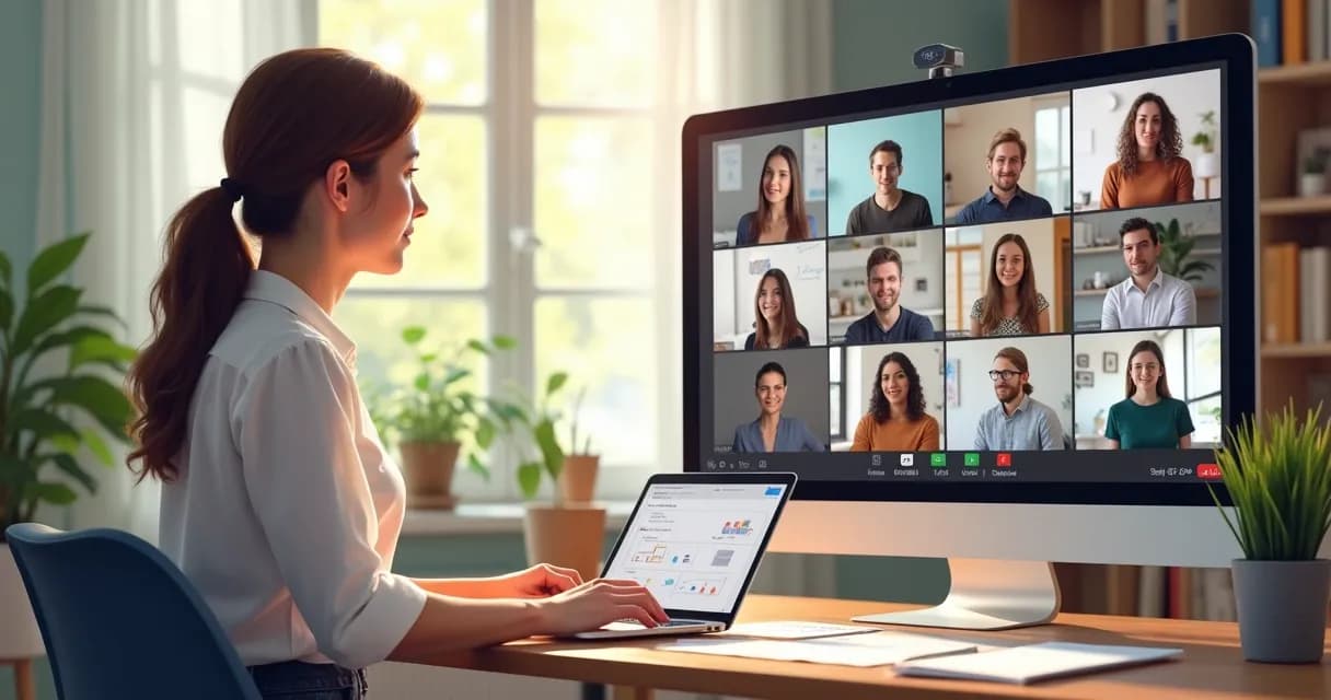 Mentora liderando reunião online com ferramentas de tecnologia 