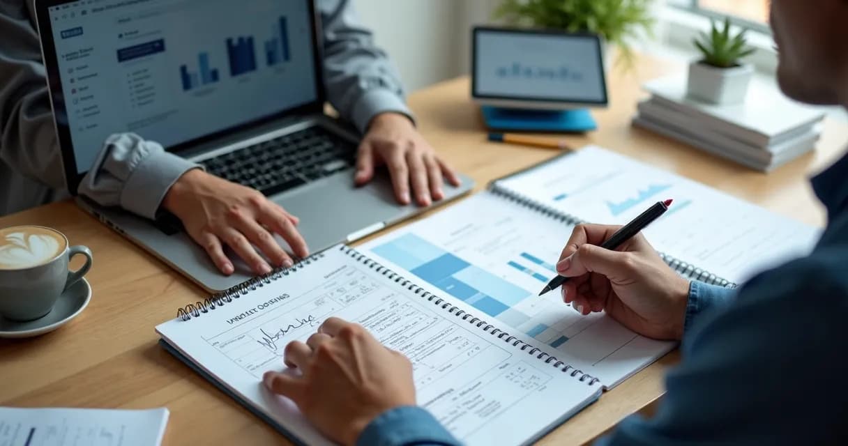 Mentor planejando conteúdo e posicionamento em mesa de trabalho 