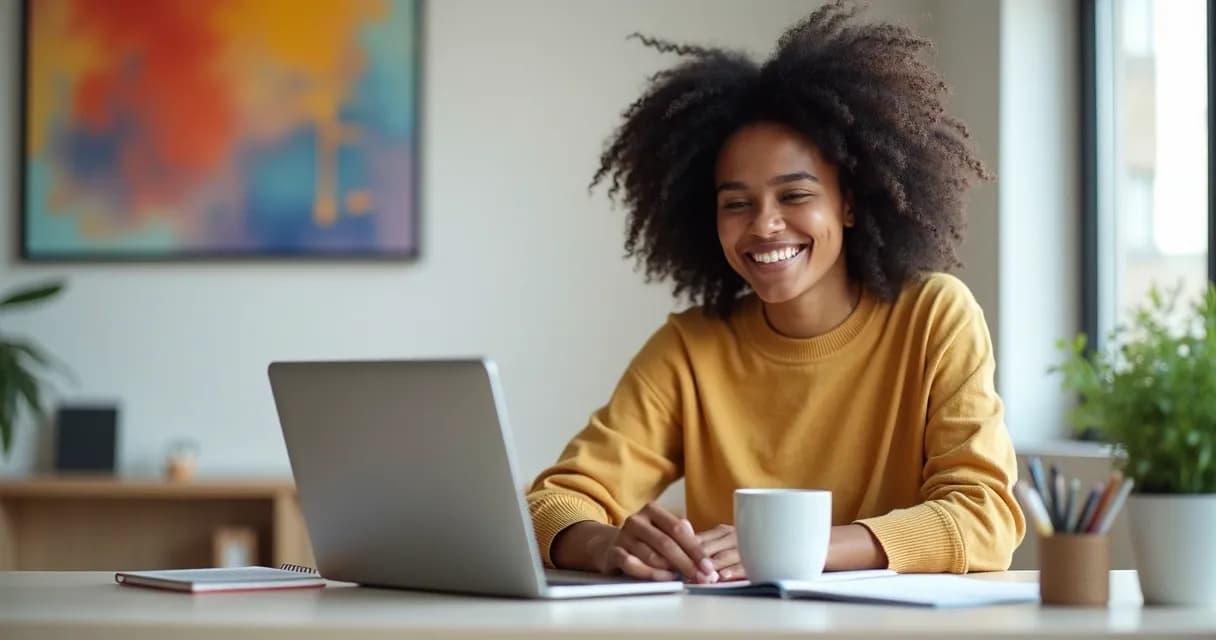 Mulher sorrindo usando notebook após mentoria 