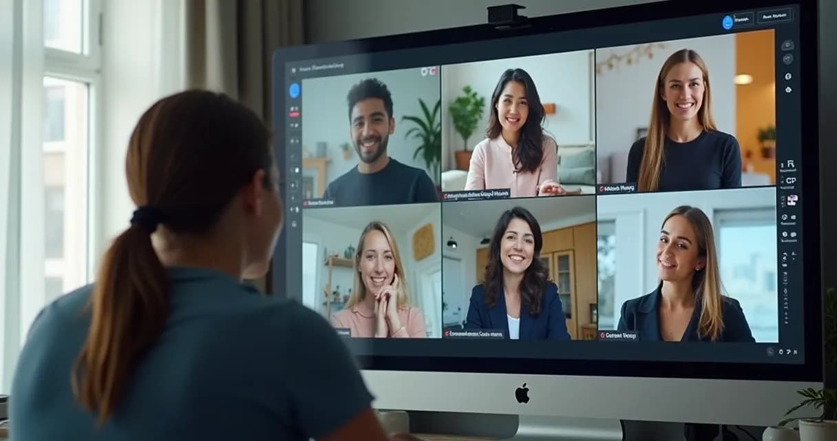 Mentor orientando um grupo durante uma videochamada 