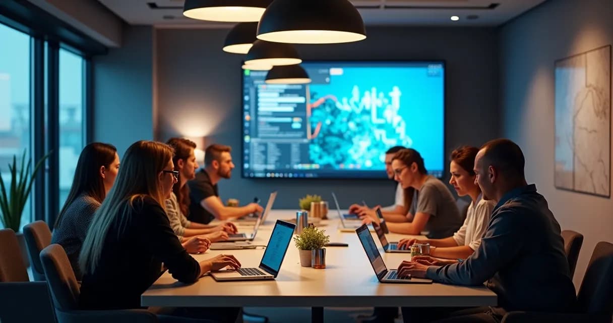 Equipe de mentores reunidos usando tecnologias para escalar mentorias 