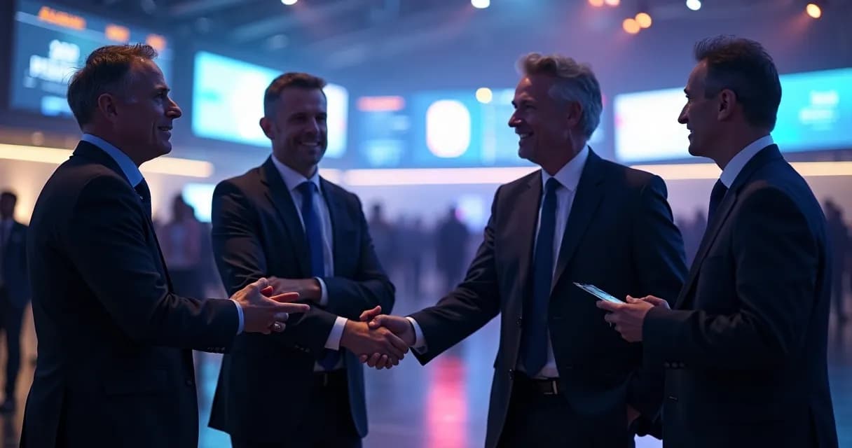 Grupo de palestrantes se cumprimentando em evento corporativo 