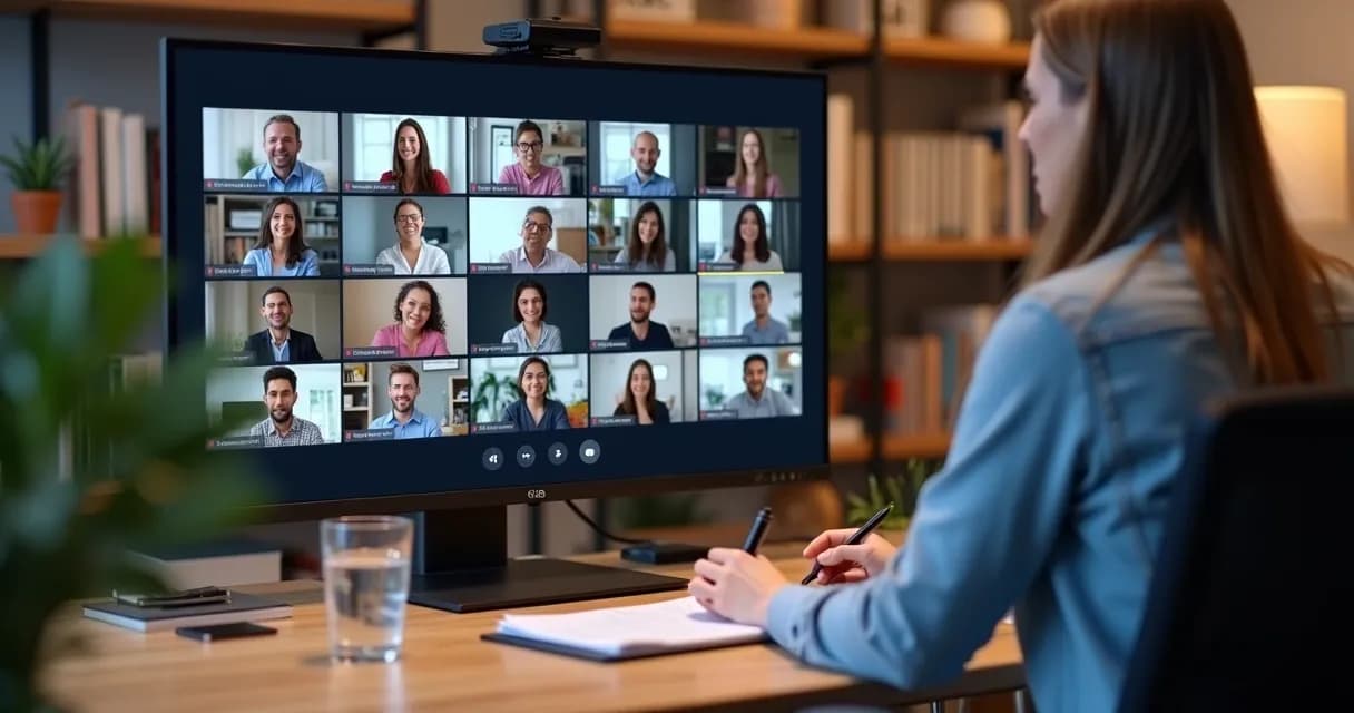 Palestrante ministrando palestra online com computador e participantes na tela 