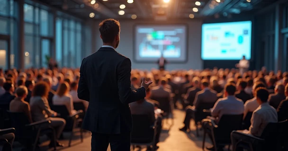 Palestrante em palco durante evento corporativo, projetor ao fundo 