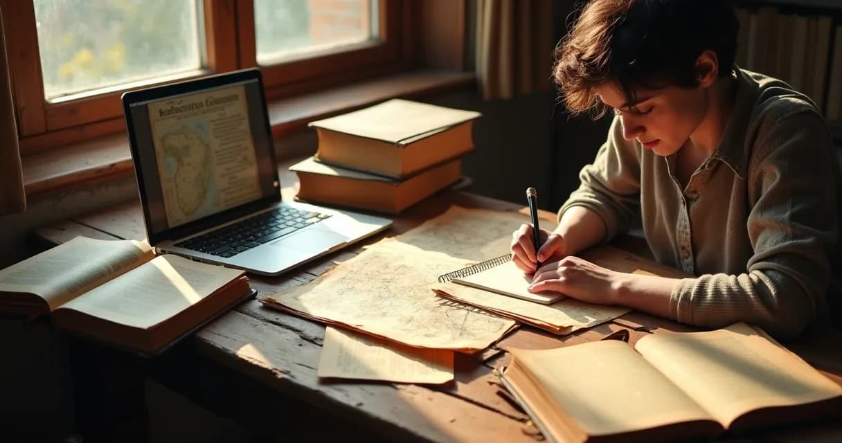 Pessoa pesquisando livros e mapas antigos em uma mesa bem iluminada 