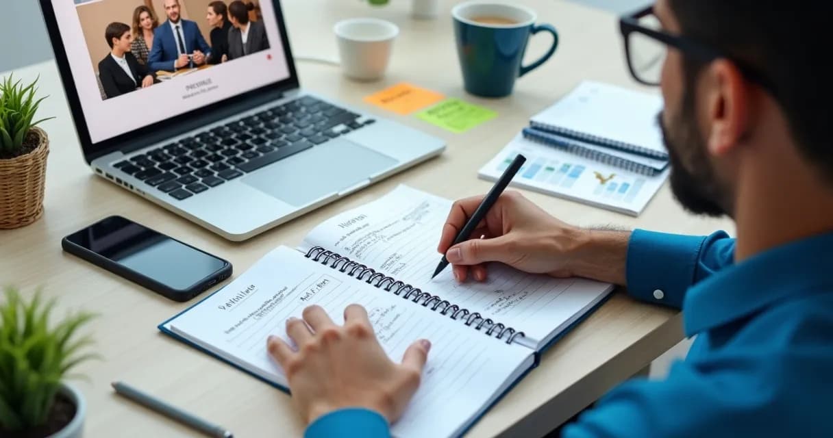 Profissional planejando palestra com notebook e anotações 