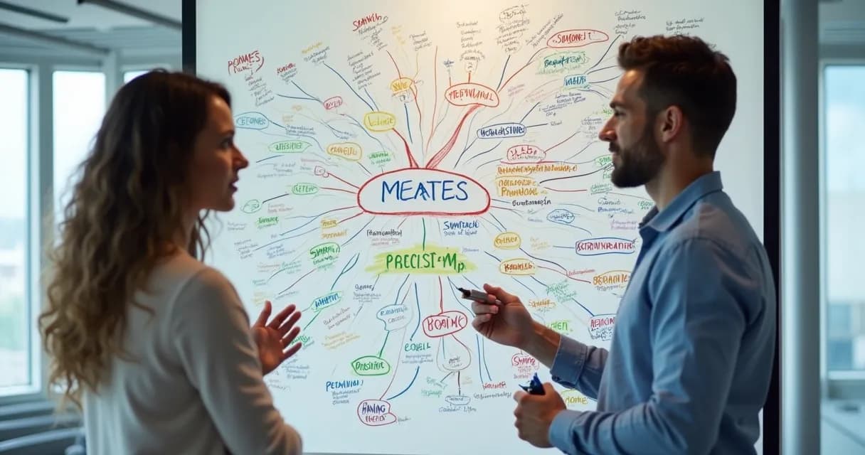 Mentor e mentorado desenhando juntos em quadro branco com mapa mental 