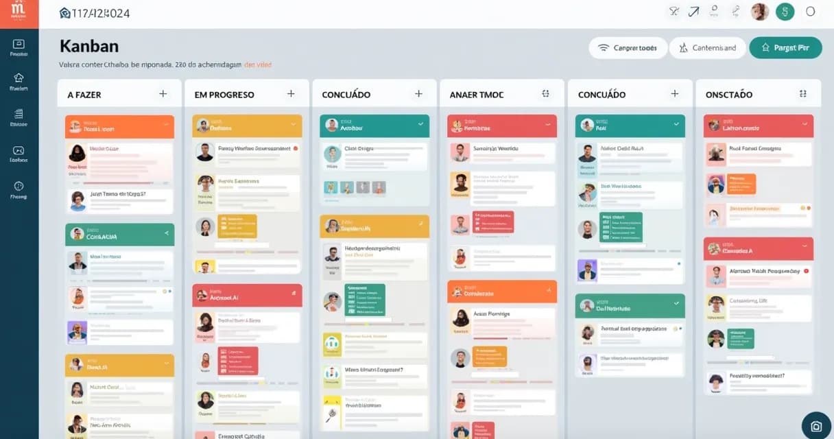 Quadro Kanban digital personalizado para mentoria corporativa com barras de progresso e cartões coloridos. 