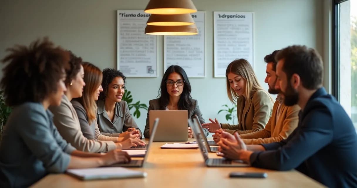 Grupo diverso de mentorados em reunião de mentoria com laptops e cadernos, discutindo juntos 