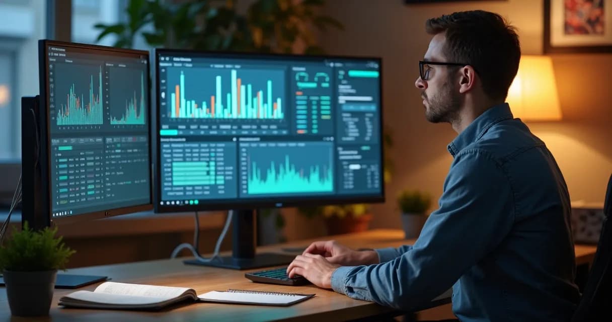 Mentor analisando gráficos de SEO em monitor e anotações em caderno 