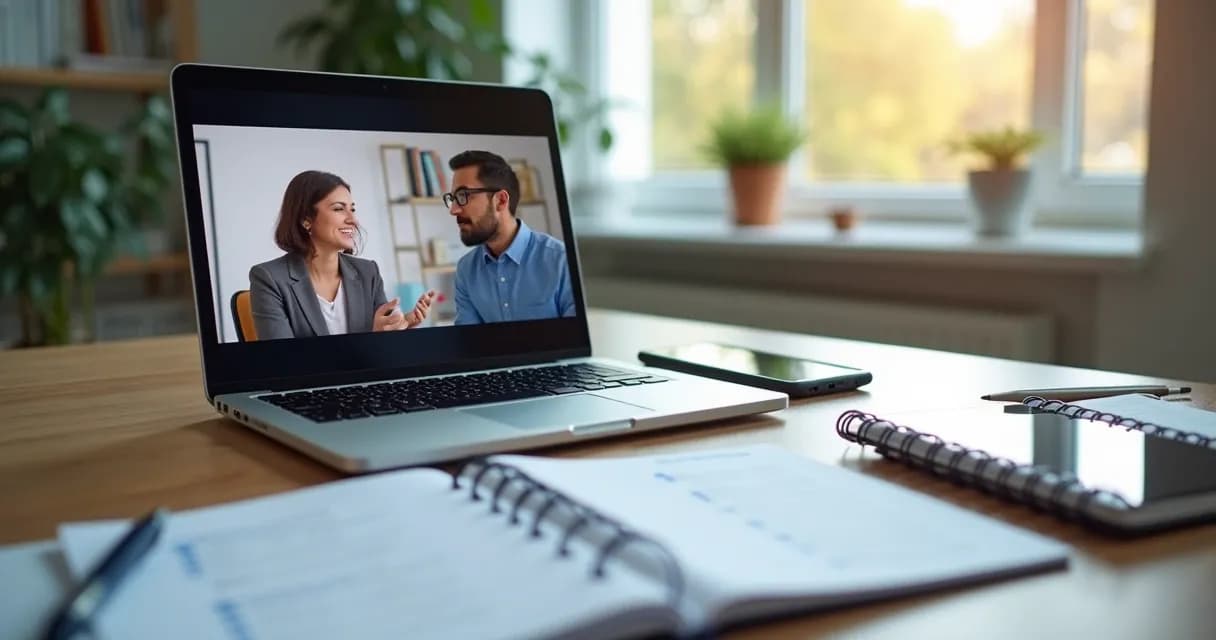 Sessão de mentoria online com acompanhamento em notebook 