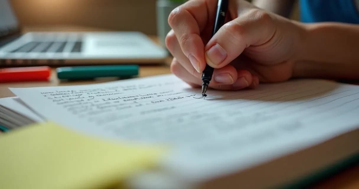Pessoa escrevendo sinopse de livro em um caderno com anotações organizadas 