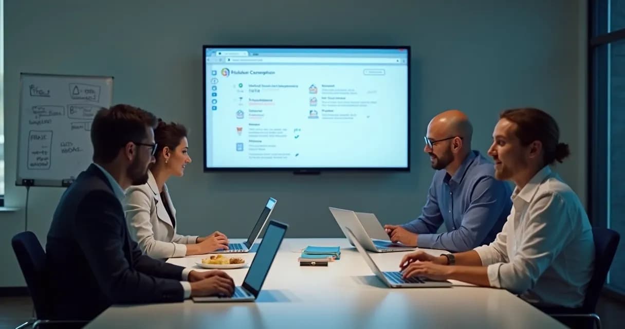 Equipe reunida revisando checklist em laptops e tablets com tela destacando itens concluídos 