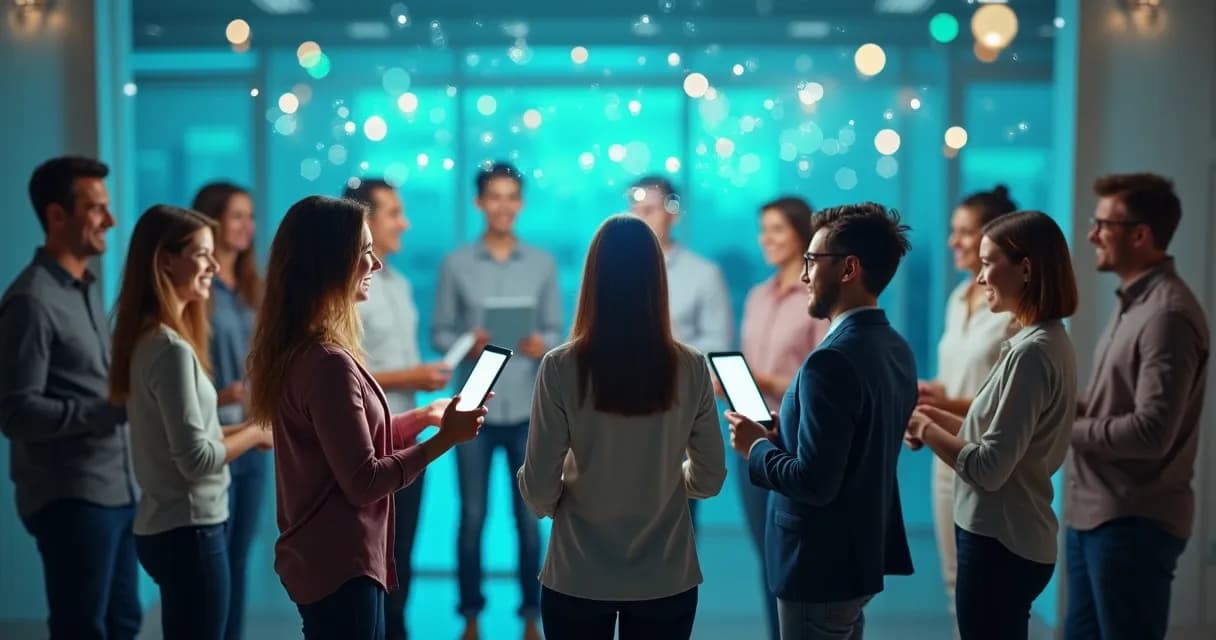 Grupo de pessoas em círculo, conectadas por tecnologia