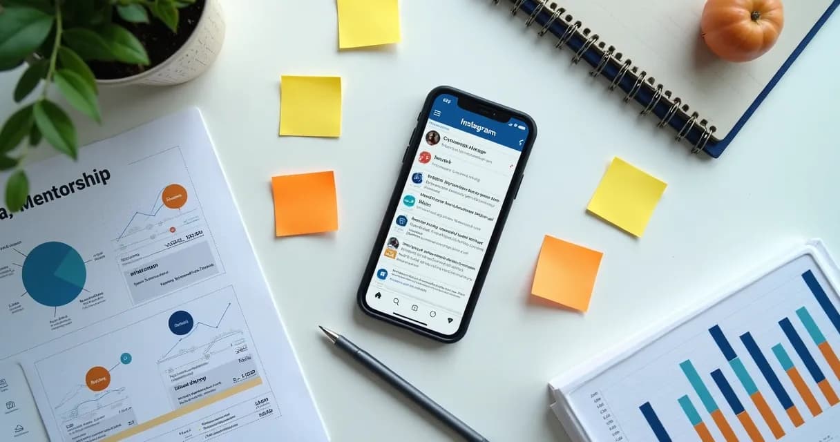 Celular com calendário de conteúdo e funil de mentoria na mesa
