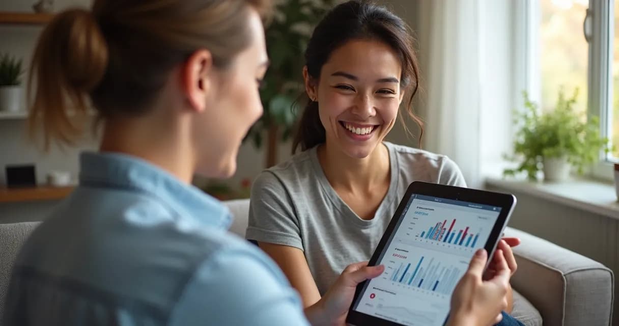 Mentorado feliz usando plataforma de mentoria no tablet, gráficos de progresso, ambiente confortável