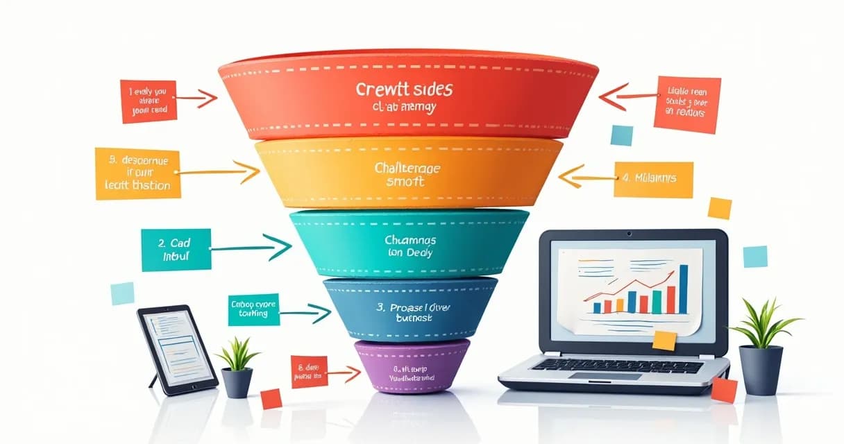 Esquema colorido de funil de vendas com etapas de desafios