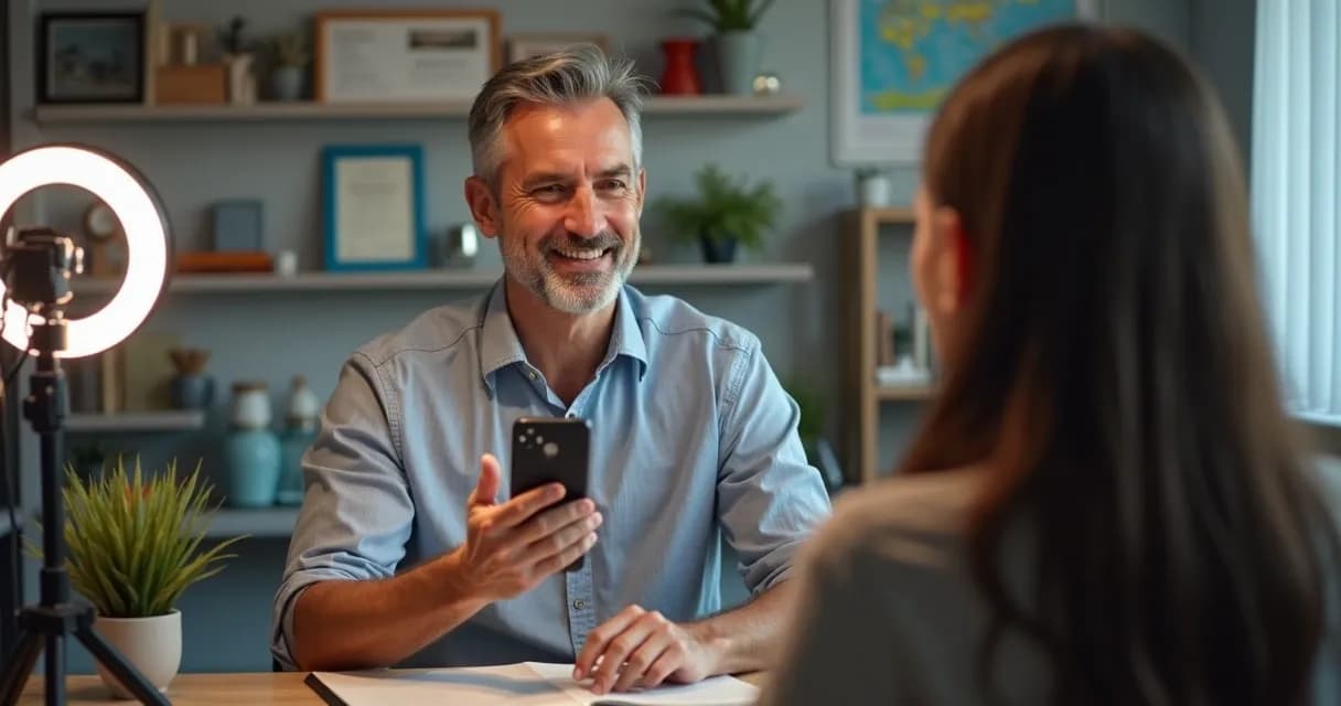 Mentor gravando vídeo de mentoria com celular e iluminação de fundo