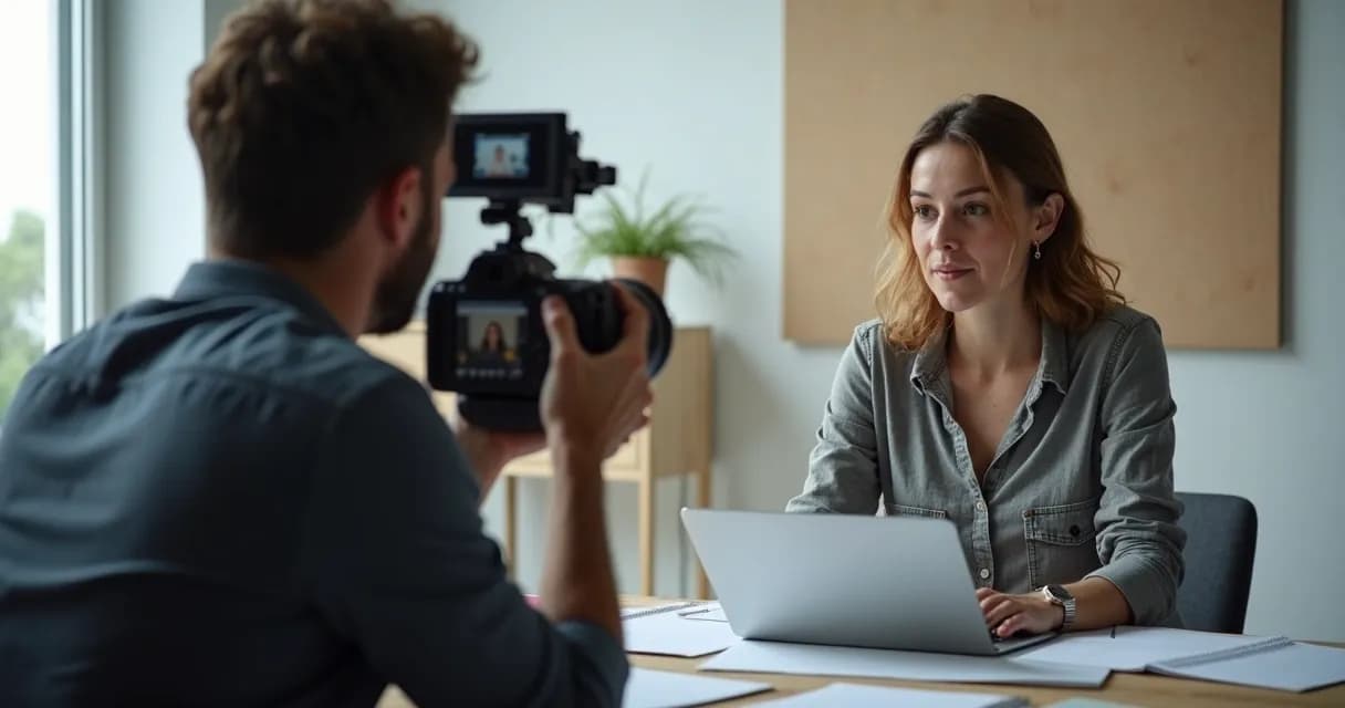 Mentor gravando curso online em estúdio iluminado, notebook na frente, câmera e anotações