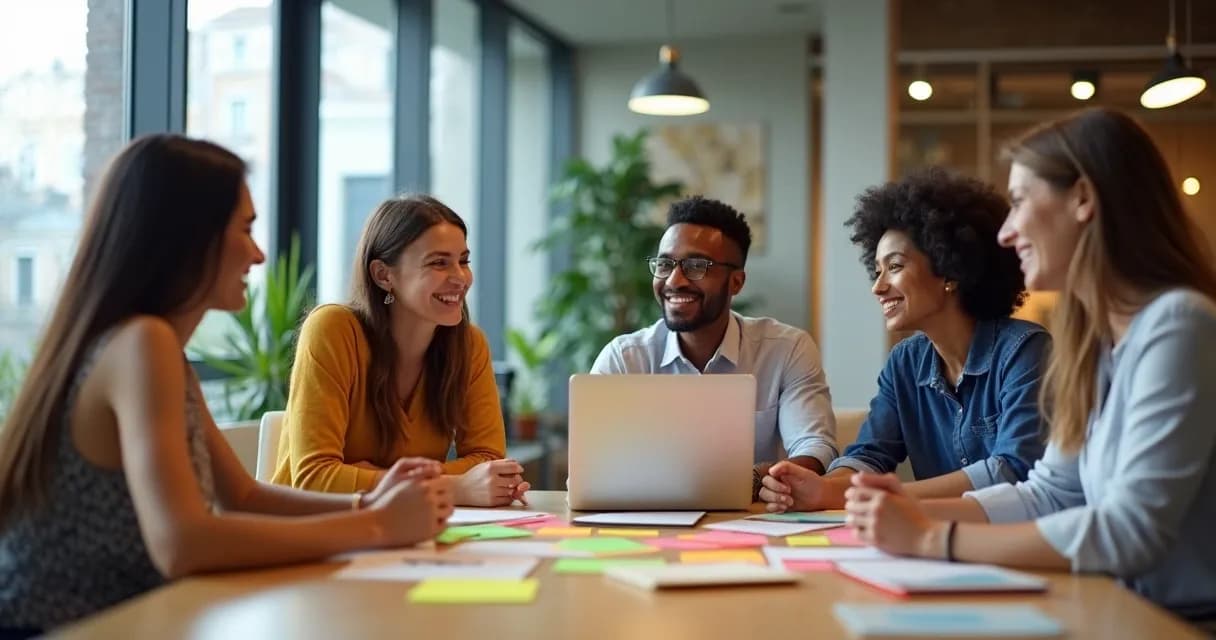 Grupo de mentorados sorrindo em roda durante mentoria