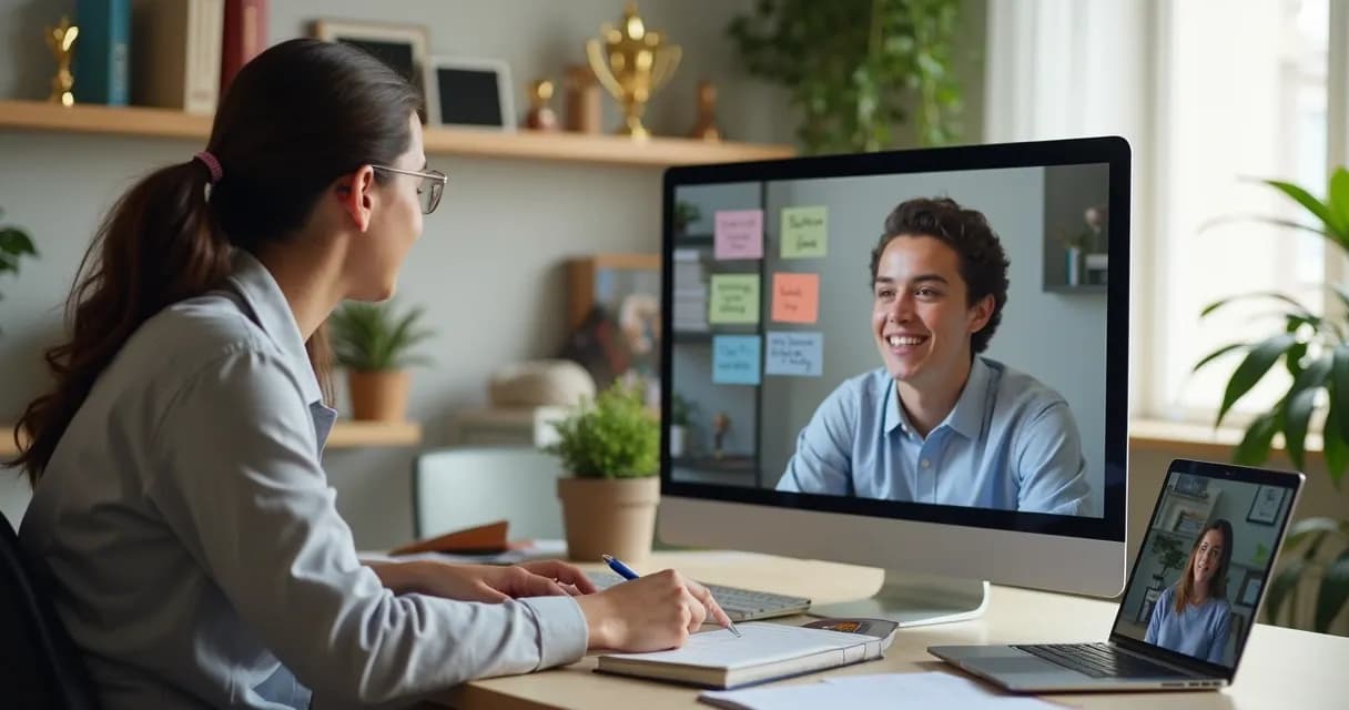 Mentor em videochamada orientando aluno pelo computador