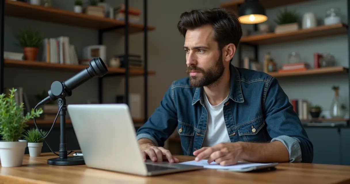Mentor produzindo conteúdo digital em escritório com notebook