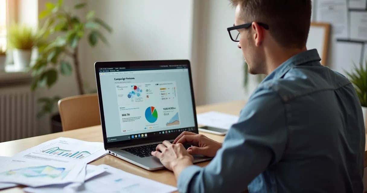 Mentor com laptop em mesa de coworking, analisando gráficos de campanha