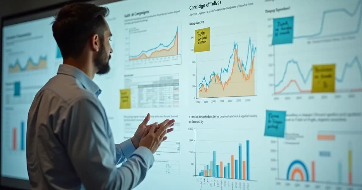 Mentor analisando erros em campanhas no quadro branco com gráficos e post-its