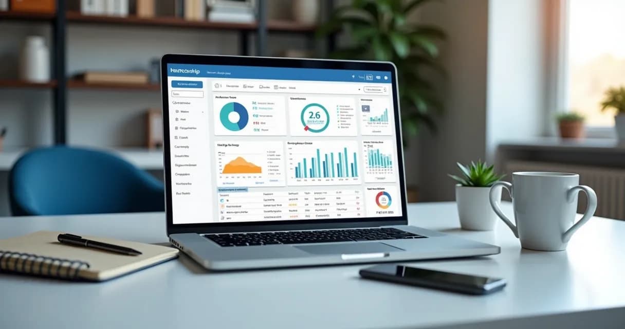 Painel de gestão de mentoria em notebook com agenda e métricas