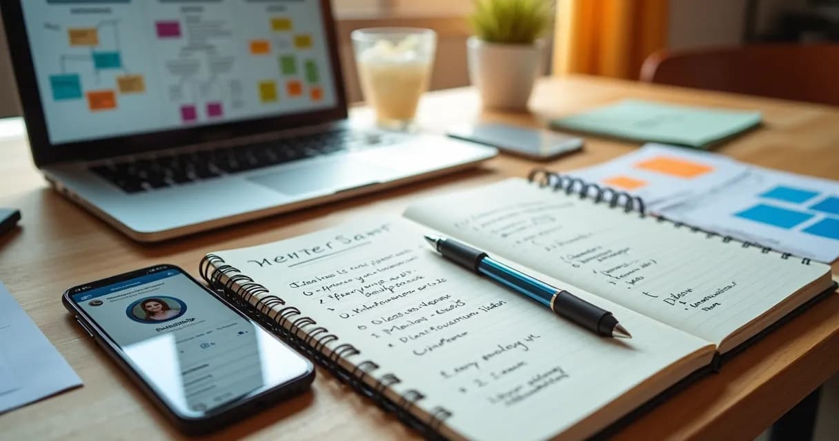 Caderno com plano de mentoria ao lado de celular com Instagram aberto