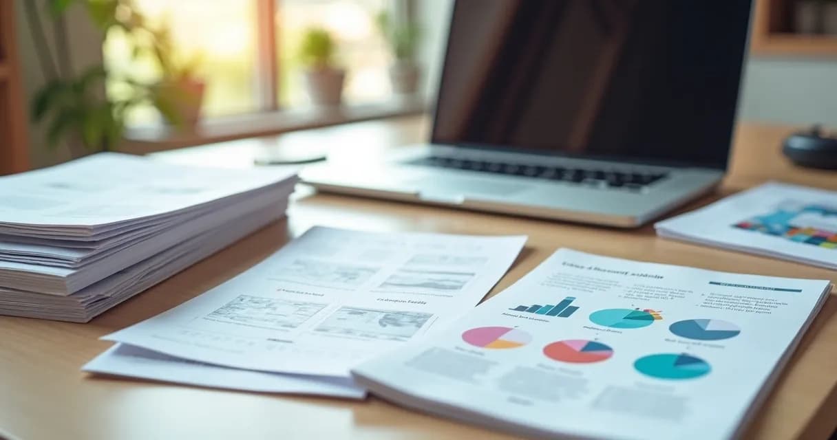 E-books, planilhas e templates digitais sobre mesa, notebook aberto ao fundo