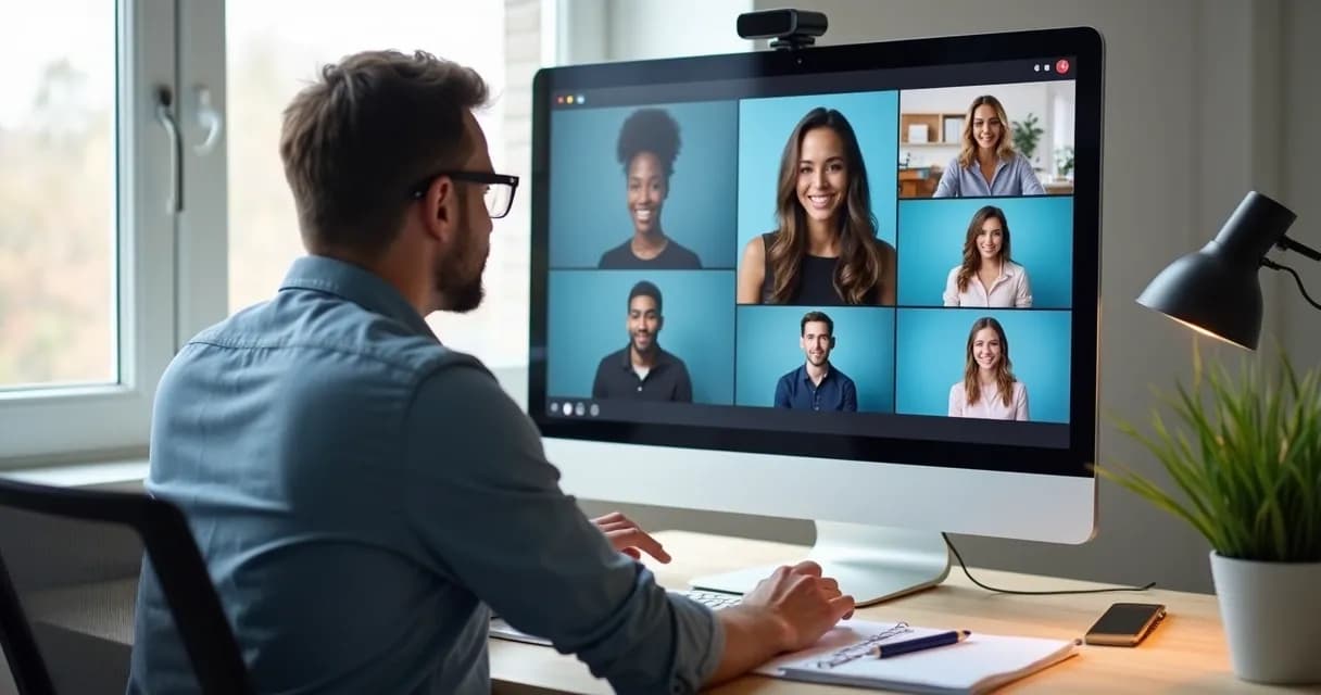Sessão de mentoria online com mentor e alunos em videochamada