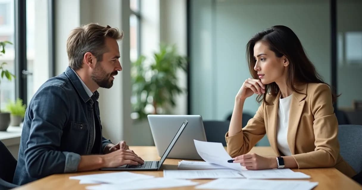 Mentor revisando formulários de intake ao lado de mentorado em sala de reunião